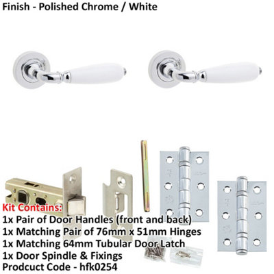 Door Handle & Latch Set Chrome Convex White Lever Round Plain On Rose