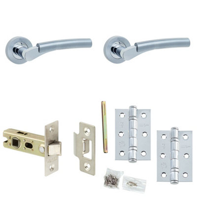 Door Handle & Latch Set - Chrome Curved Premium Rounded Lever Round Plain On Rose