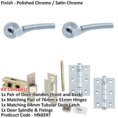 Door Handle & Latch Set - Chrome Curved Premium Rounded Lever Round Plain On Rose