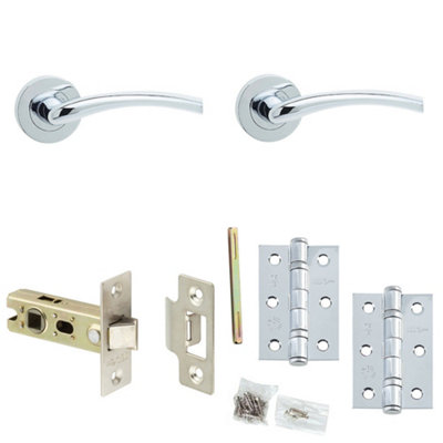 Door Handle & Latch Set Chrome Curved Rounded Premium Rounded Lever Round Plain On Rose