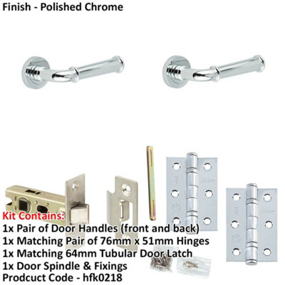 Door Handle & Latch Set Chrome Edged Premium Rounded Lever Round Plain On Rose