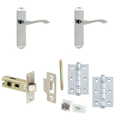 Door Handle & Latch Set Chrome Flat Lever Latch Backplate
