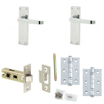 Door Handle & Latch Set Chrome Flat Lever Latch Long Backplate