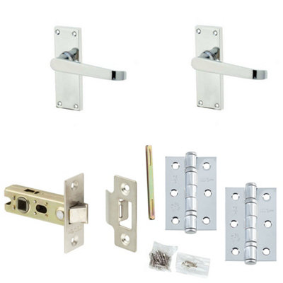 Door Handle & Latch Set Chrome Flat Lever Latch Short Backplate
