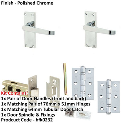 Door Handle & Latch Set Chrome Flat Lever Latch Short Backplate