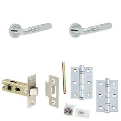 Door Handle & Latch Set Chrome Fluted Lever Round Plain On Rose