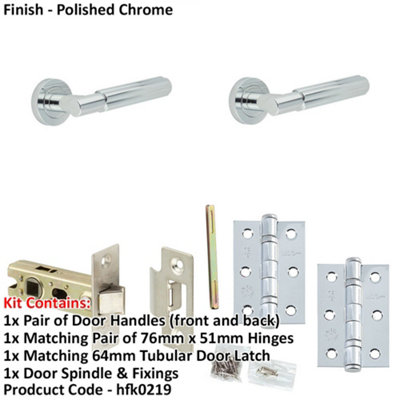 Door Handle & Latch Set Chrome Fluted Lever Round Plain On Rose