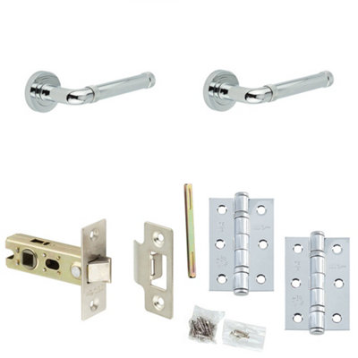 Door Handle & Latch Set Chrome Knurled-Edged Premium Rounded Lever Round Plain On Rose