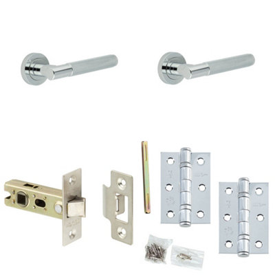 Door Handle & Latch Set Chrome Knurled Premium Rounded Lever Round Plain On Rose