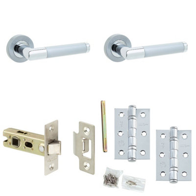 Door Handle & Latch Set - Chrome Mitred Premium Rounded Lever Round Plain On Rose