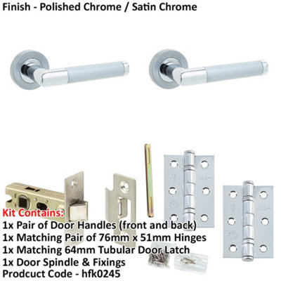 Door Handle & Latch Set - Chrome Mitred Premium Rounded Lever Round Plain On Rose