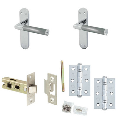 Door Handle & Latch Set Chrome Mitred Premium Rounded Lever Round Plain On Rose