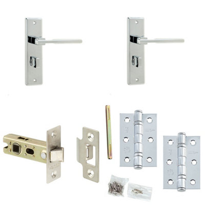 Door Handle & Latch Set Chrome Modern Lever Latch Bathroom Backplate