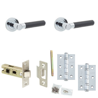 Door Handle & Latch Set Chrome Premium Rounded Black Leather Lever Round Plain On Rose