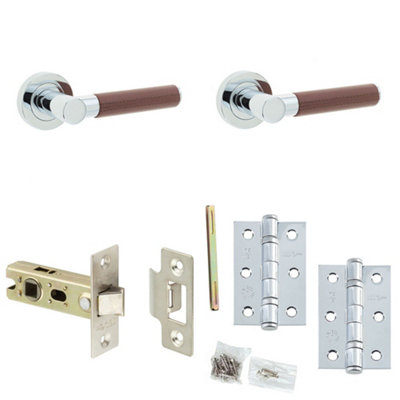 Door Handle & Latch Set Chrome Premium Rounded Brown Leather Lever Round Plain On Rose