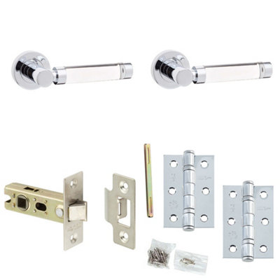 Door Handle & Latch Set Chrome Premium Rounded Glass Lever Round Plain On Rose