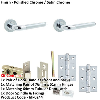 Door Handle & Latch Set - Chrome Premium Rounded Lever Round Plain On Rose