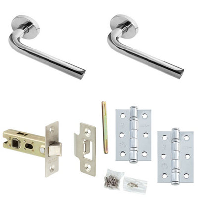 Door Handle & Latch Set Chrome Premium Rounded Lever Round Plain On Rose