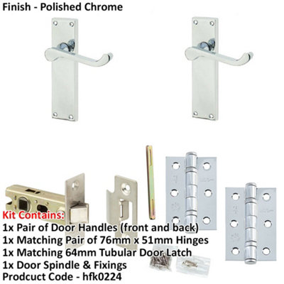 Door Handle & Latch Set Chrome Rounded Sculpted Lever Latch Long Backplate