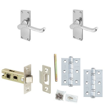 Door Handle & Latch Set Chrome Rounded Sculpted Lever Latch Short Backplate