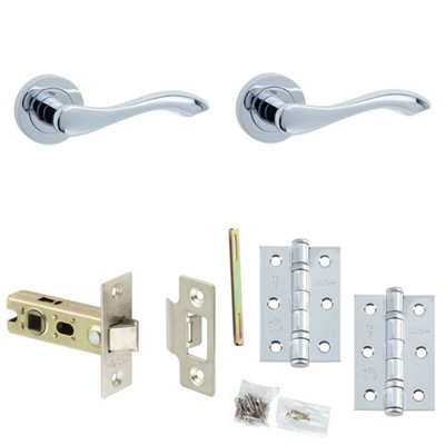 Door Handle & Latch Set Chrome Sculpted Lever Round Plain On Rose