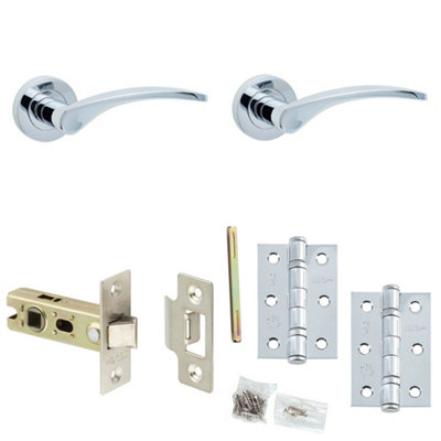 Door Handle & Latch Set Chrome Slim Curved Lever Round Plain On Rose