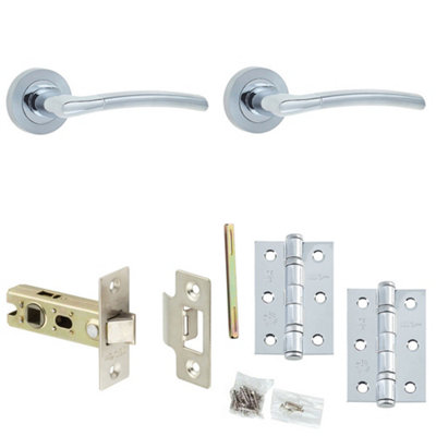Door Handle & Latch Set Chrome Slim Curved Premium Rounded Lever Round Plain On Rose
