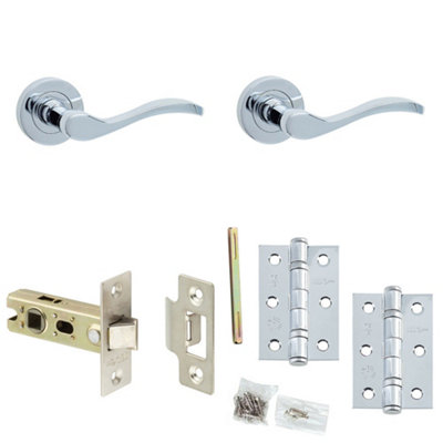 Door Handle & Latch Set Chrome Slim Sculpted Lever Round Plain On Rose