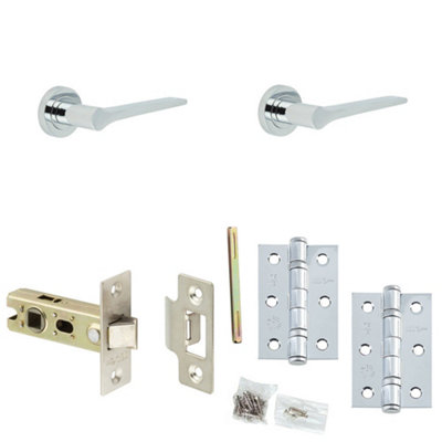 Door Handle & Latch Set Chrome Slim Tapered Lever Round Plain On Rose