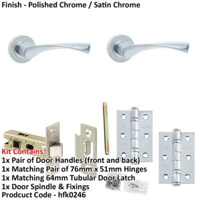 Door Handle & Latch Set Chrome Slim Twisted Lever Round Plain On Rose