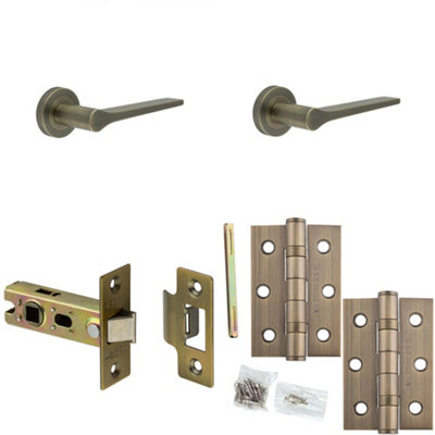 Door Handle & Latch Set Dark Antique Brass Slim Tapered Lever Round Plain On Rose