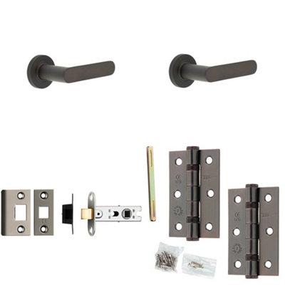 Door Handle & Latch Set Dark Bronze Flat Lever Round Reeded On Rose