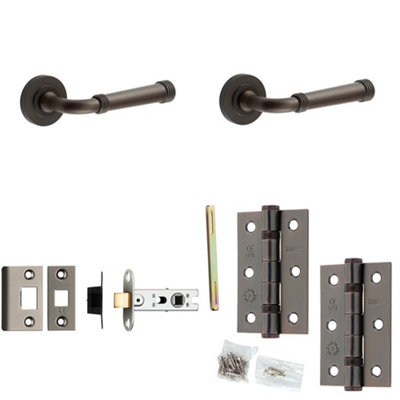 Door Handle & Latch Set Dark Bronze Grooved Premium Rounded Lever Round Plain On Rose