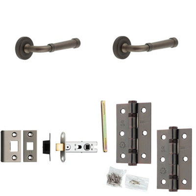 Door Handle & Latch Set Dark Bronze Grooved Premium Rounded Lever Round Stepped On Rose