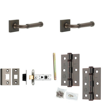 Door Handle & Latch Set Dark Bronze Grooved Premium Rounded Lever Square Plain On Rose