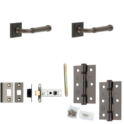 Door Handle & Latch Set Dark Bronze Grooved Premium Rounded Lever Square Stepped On Rose