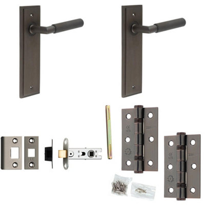 Door Handle & Latch Set Dark Bronze Knurled Premium Rounded Lever Latch Backplate