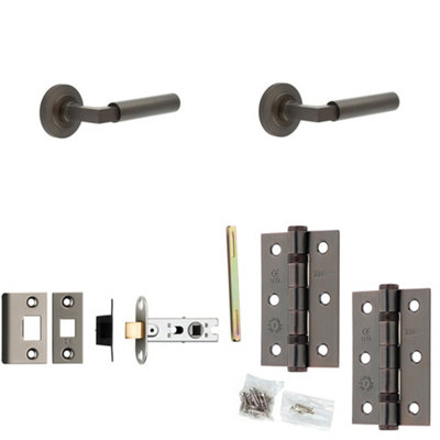 Door Handle & Latch Set Dark Bronze Mitred Premium Rounded Lever Round Chamfered On Rose