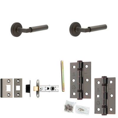Door Handle & Latch Set Dark Bronze Mitred Premium Rounded Lever Round Stepped On Rose