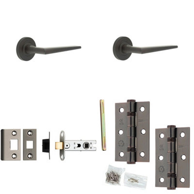 Door Handle & Latch Set Dark Bronze Slim Mitred Lever Round Knurled On Rose