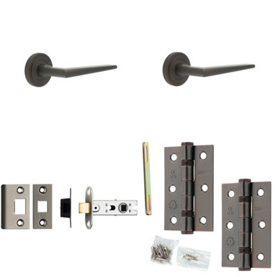 Door Handle & Latch Set Dark Bronze Slim Mitred Lever Round Stepped On Rose