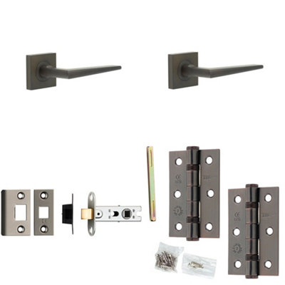 Door Handle & Latch Set Dark Bronze Slim Mitred Lever Square Plain On Rose