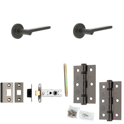 Door Handle & Latch Set Dark Bronze Slim Rounded Lever Round Knurled On Rose