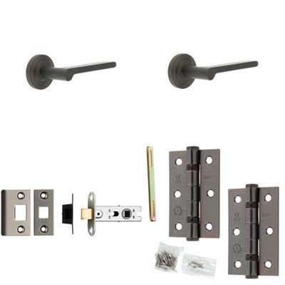 Door Handle & Latch Set Dark Bronze Slim Rounded Lever Round Reeded On Rose