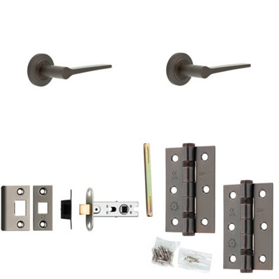 Door Handle & Latch Set Dark Bronze Slim Tapered Lever Round Chamfered On Rose