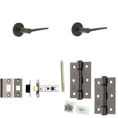 Door Handle & Latch Set Dark Bronze Slim Tapered Lever Round Knurled On Rose