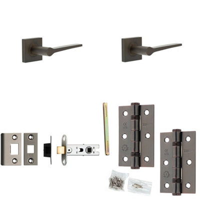 Door Handle & Latch Set Dark Bronze Slim Tapered Lever Square Plain On Rose