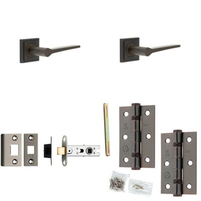 Door Handle & Latch Set Dark Bronze Slim Tapered Lever Square Stepped On Rose