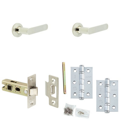 Door Handle & Latch Set Nickel Flat Lever Round Chamfered On Rose