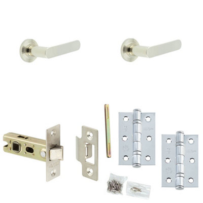 Door Handle & Latch Set Nickel Flat Lever Round Reeded On Rose